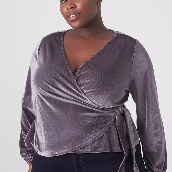 Lane Bryant Classic Blouson-Sleeve Surplice Tie Velour Top Ribbed Size 22/24 - Picture 2 of 6